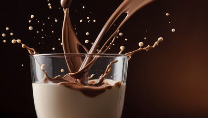 Wall Mural - A splash of milk and chocolate splashes . close up of chocolate pieces stack and chocolate syrup on white background8
