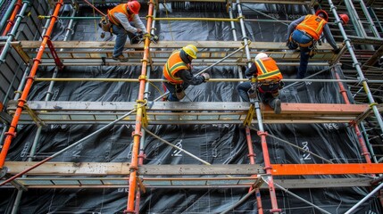 Poster - The design evolution of scaffolding integrates safety features such as guardrails, toe boards, and non-slip surfaces.