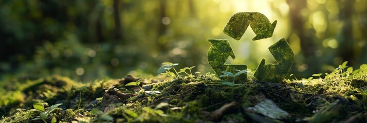 Recycling symbol covered in greenery, perched on the forest floor amidst vibrant foliage, illuminated by warm sunlight exuding eco-friendliness.