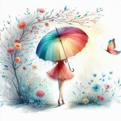 Wall Mural - lady with umbrella spring watercolor illustration