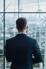 Poster - an aerial view of a sprawling wind farm with a businessman studying financial charts overlaying the 