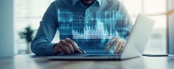 Poster - A business executive studying graphs and data on a laptop, highlighting the long-term returns of investing in wind energy