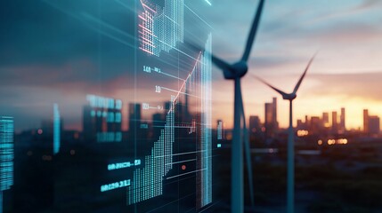 Poster - a wind farm on the horizon, with a financial report overlay, illustrating the growing market of rene