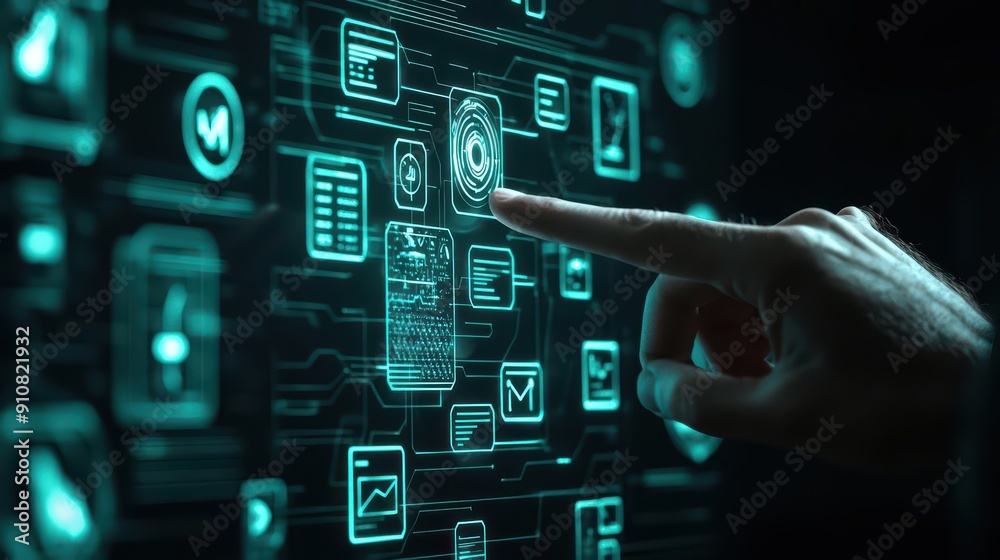A futuristic scene of a person interacting with a holographic interface ...