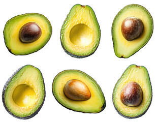 Fresh avocado halves showcasing their creamy green flesh, with and without pits. Perfect for illustrating healthy eating, nutrition, and delicious recipes.