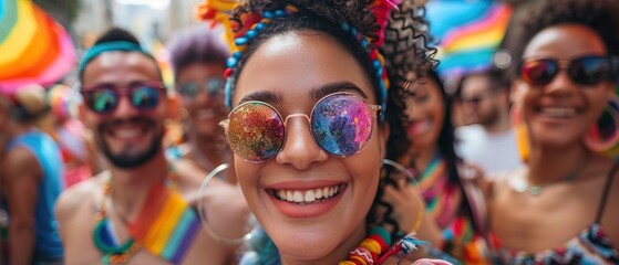 Cheerful selfie of a group of LGBTQIA people in a pride parade