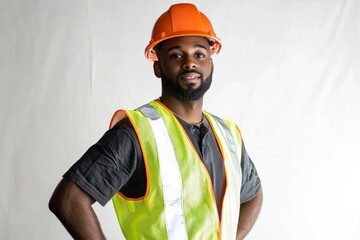 A confident male construction worker wearing an orange hard hat and a reflective safety vest, posing with hands on hips against a plain background.