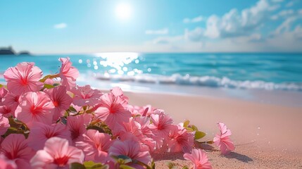 Wall Mural - Flowerbed with pink flowers with blurred sea view and empty beach in morning.