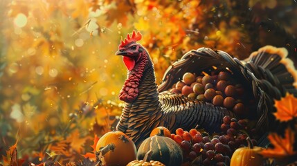 Canvas Print - A Thanksgiving Turkey surrounded by pumpkins and grapes in a fall setting.