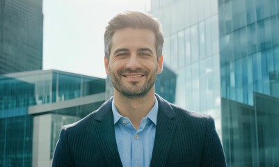 Wall Mural - Portrait of a handsome smiling businessman in front of modern office building