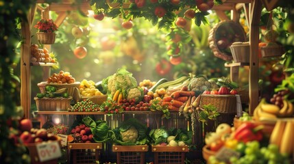 Wall Mural - A wooden market stall overflowing with fresh produce, showcasing the bounty of nature.