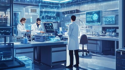 Poster - Scientists working in a futuristic laboratory with advanced technology