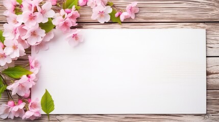 Wall Mural - Spring cherry blossom background with wooden board