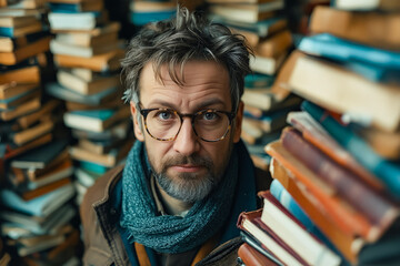 Sticker - A man with glasses and a scarf standing in front of a pile of books