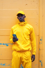 Poster - A man in a yellow hoodie and pants standing in front of a yellow wall.