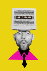 Sticker - Vertical composite artwork collage image picture of impressed guy head computer screen no signal isolated on creative background