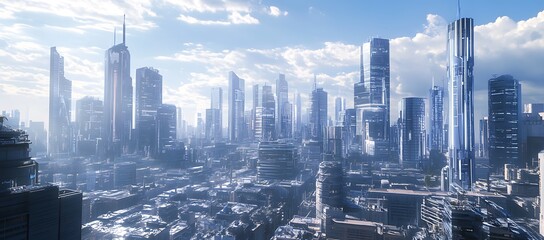 Canvas Print - A Futuristic Cityscape with Tall Skyscrapers and Blue Skies