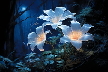 Wall Mural - Illuminated Lilies in a Dark Forest