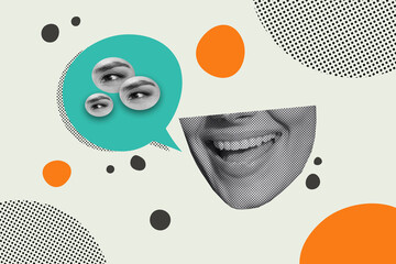 Poster - Composite artwork collage image picture of mouth talk dialogue bubble people eyes isolated on creative background