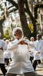 © Denisa - A group of elderly individuals practices Tai Chi together in a lush, tranquil park