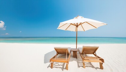 Wall Mural - white sandy beach with wooden sunbeds under an umbrella 