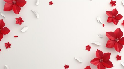 Poster - White background with red paper flowers and white petals.