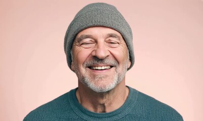 Wall Mural - Portrait of a smiling senior man in a knitted hat.