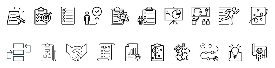 Action plan, thin line icon set. Symbol collection in transparent background. Editable stroke outline icon.