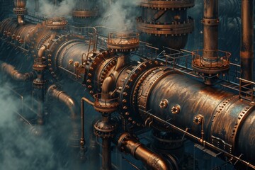Poster - A large metal pipe releasing clouds of steam into the air, Steampunk rendition of an intricate pipeline system, AI Generated