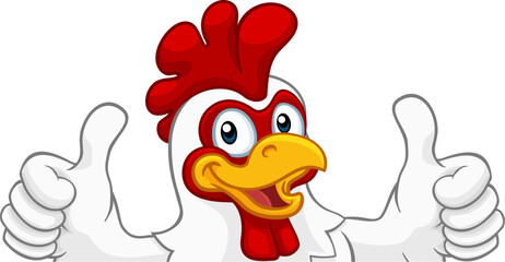 Poster - A chicken rooster cockerel bird cartoon character peeking over a sign and giving a double thumbs up