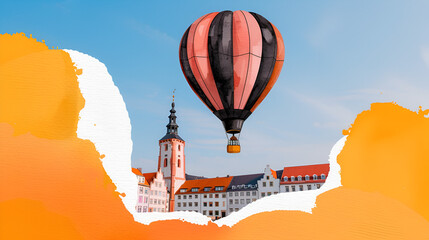 Wall Mural - Colorful Hot Air Balloon Over Old Town with Orange Watercolor Background