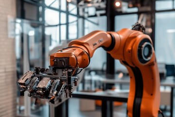 Poster - Orange Robotic Arm with Gripper and Complex Mechanism in Industrial Setting