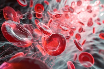 This photo captures the movement of red blood cells as they flow through a vein, contributing to the circulation of blood in the body, Stylized illustration of platelets forming a clot, AI Generated