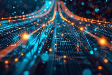 Poster - A vibrant abstract background featuring intersecting blue and orange lines with scattered dots, Stylized image of a network bridge in operation, AI Generated