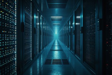 Poster - This photo captures a long hallway filled with rows of servers, showcasing the technological infrastructure of a data center, Subtle, minimalistic portrayal of a data warehouse, AI Generated