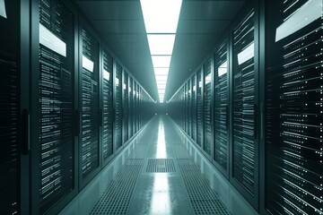 Poster - a long hallway with rows of servers, neatly organized and humming with activity, subtle, minimalisti