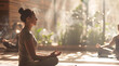 © TyliJura - Indoor Yoga Meditation Session with Female Participant in Foreground, Group Mindfulness Practice, Peaceful Environment Surrounded by Plants