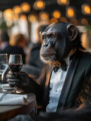 Wall Mural - A chimpanzee dressed in a tuxedo enjoys a glass of wine. AI.