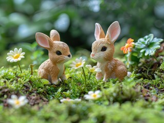 Canvas Print - Two bunnies sitting in a grassy field. AI.