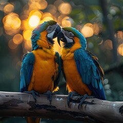 Wall Mural - Two parrots on a branch, with a blurred background. AI.