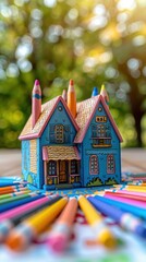 Wall Mural - A toy house sits on a table with colorful pencils. AI.