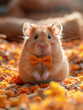 © serg3d - A cute hamster wearing a bow tie sits in a bed of autumn leaves. AI.