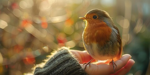 Sticker - A small bird perches on a hand, bathed in warm sunlight. AI.