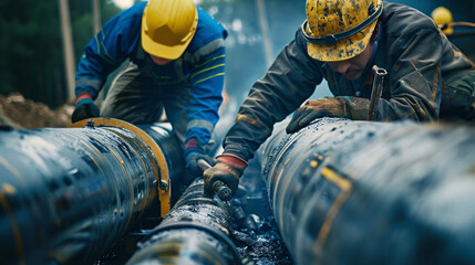 Workers in work clothes and helmets are concentrating on installing pipes