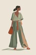 © Art Resources - Minimalism illustration, a South Asian woman, wearing a boho tunic with a pair of wide-legged pants and a large handbag, standing with one hand on her hip, boho woman fashion, flat illustration