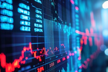 Poster - A large digital display showcasing current stock market data and market trends mounted on a wall in a financial institution, Symbols depicting various stock market indexes, AI Generated