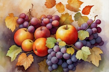 Poster - vibrant autumn fruits and leaves illustration
