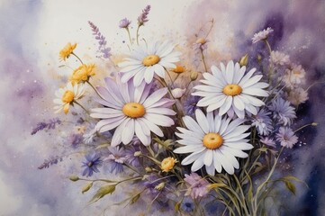 Poster - delicate watercolor daisies and asters painting
