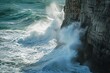 © Ifti Digital - A large and forceful wave crashes against the rugged cliff, creating a dramatic display of water and rock collision, The fury of ocean waves crashing against seaside cliffs, AI Generated