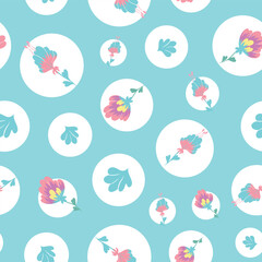 Wall Mural - Abstract flowers and bubbles pattern design on blue background